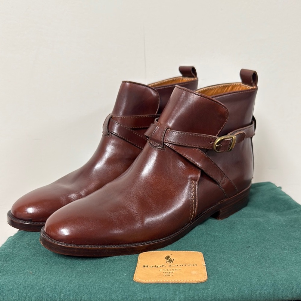 Ralph Lauren Brown Ankle Boots with Strap Detail and Rounded Toe